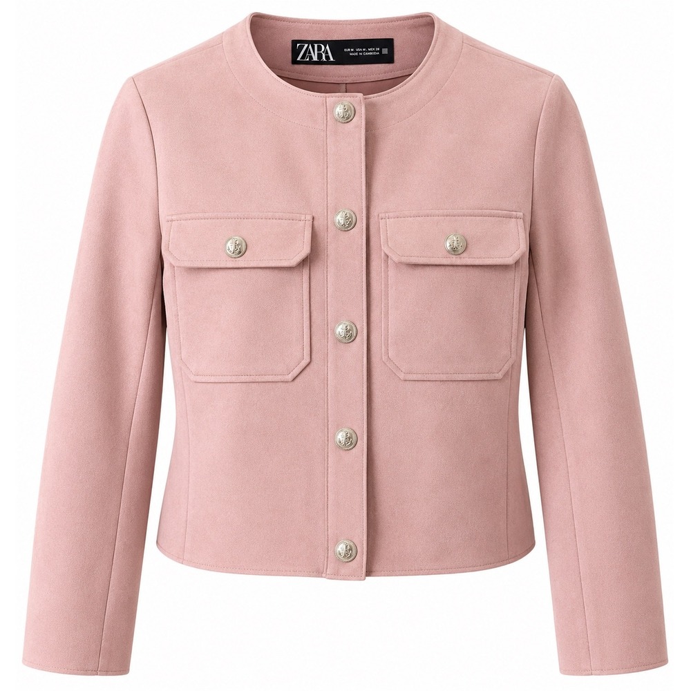 Zara Pink Faux Suede Cropped Jacket Gold Nautical Buttons Women's M NWOT
